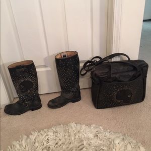Frye Jenna Skull boots with matching handbag